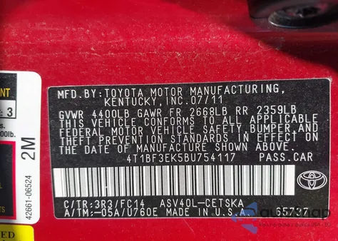 2011 Toyota Camry Se z USA, uszkodzony, nr VIN 4T1BF3EK5BU754117